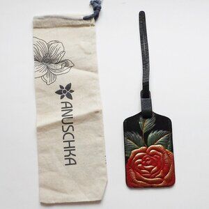 Anuschuka Hand Painted Leather Luggage Tag Tooled Rose on Black w/ Dust Bag New